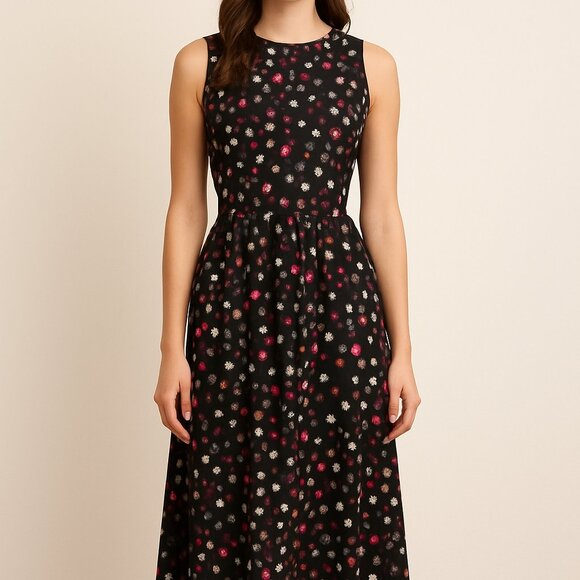 Isaac Mizrahi New York Tokyo Fit & Flare Midi Dress Black Multi Size 6 NWT - Picture 1 of 9
